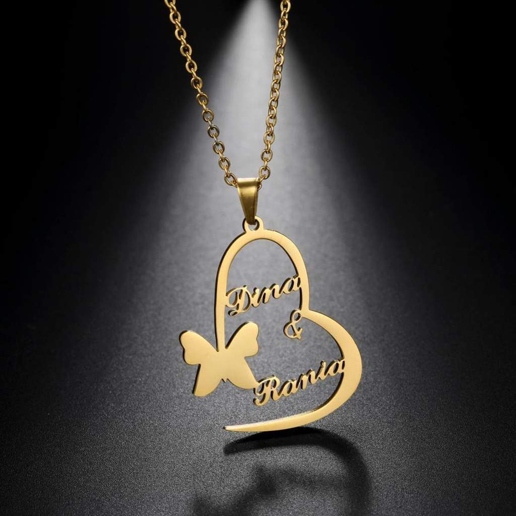 AntiqueAccesories Gold Personalized Heart Butterfly Pendant