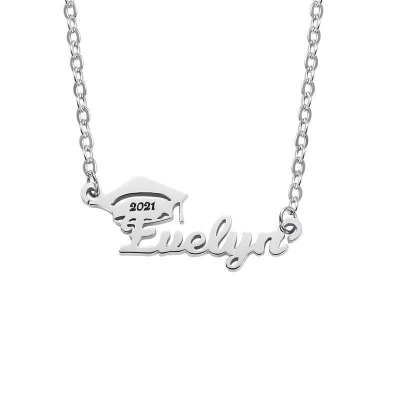 AntiqueAccesories Silver Personalized Bachelor Cap Name Necklace