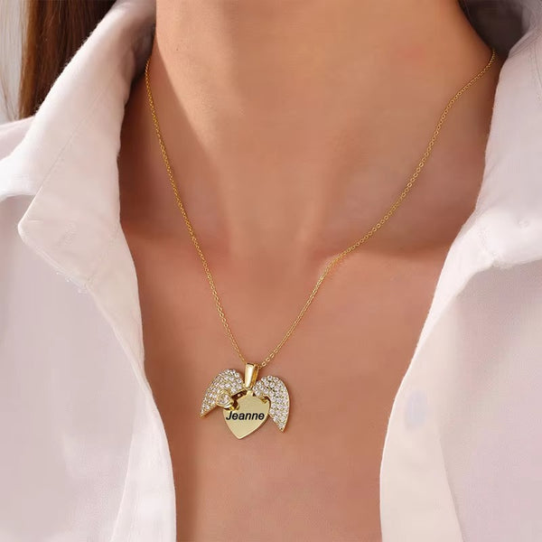 Beautiful Engraved Name Angel Wing Heart Necklace