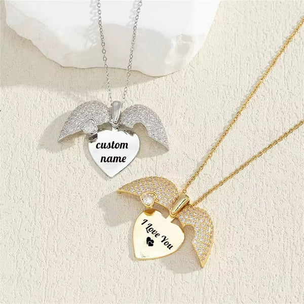 Beautiful Engraved Name Angel Wing Heart Necklace