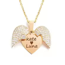 Beautiful Engraved Name Angel Wing Heart Necklace