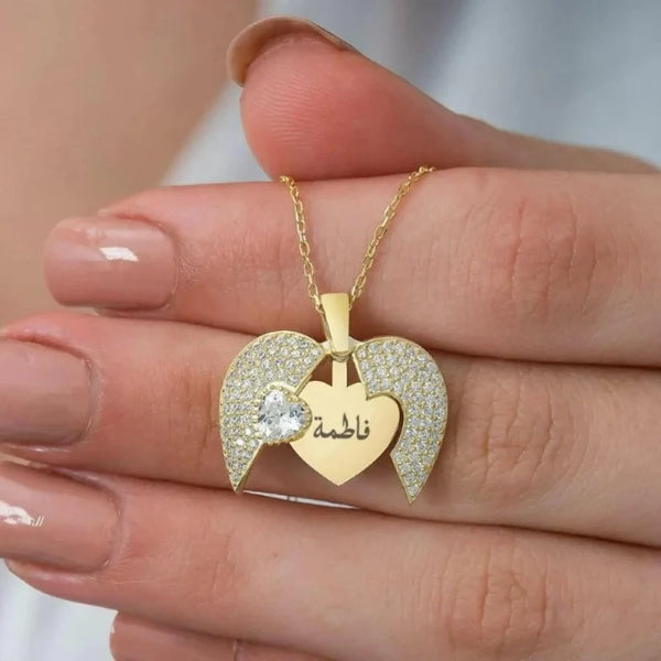 Beautiful Engraved Name Angel Wing Heart Necklace